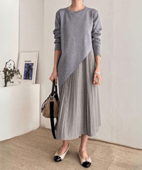 asymmetrical knit pleated skirt set up /3color　FL2459