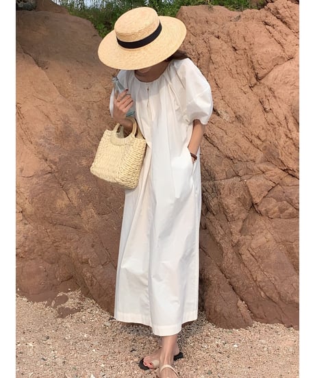 puff sleeve back slit dress /2color　FL2003