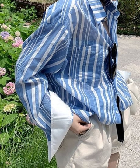 contrast cuffs striped shirt /2color　FL2604
