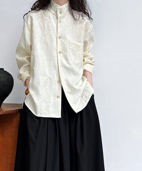 textured jacquard stand-up collar blouse /2color　FL2703