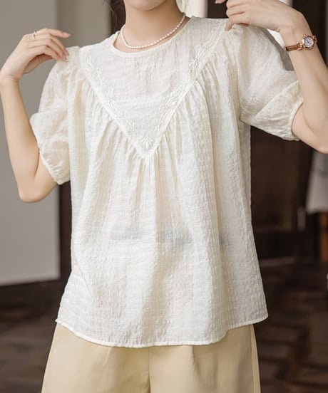 french embroidery puff sleeve tops　FL2189