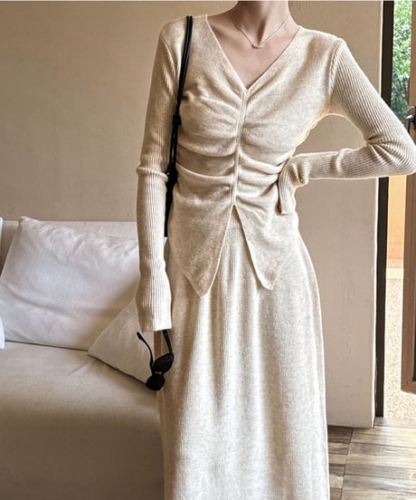 v-neck knit top and skirt set up /3color　FL2809