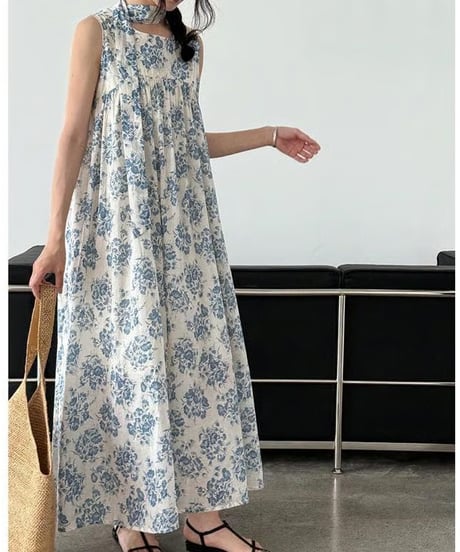 blue floral sleeveless op 　FL3455