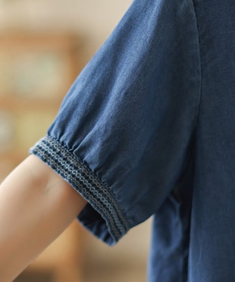 denim embroidered short sleeve blouse　FL3631