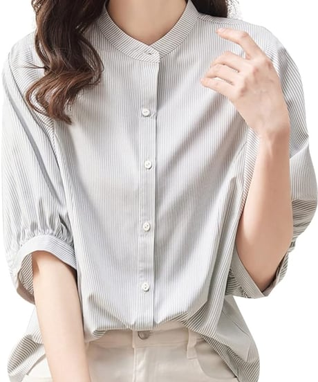 striped band collar blouse /2color　FL3658