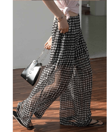 high waist dot chiffon wide pants　FL2142