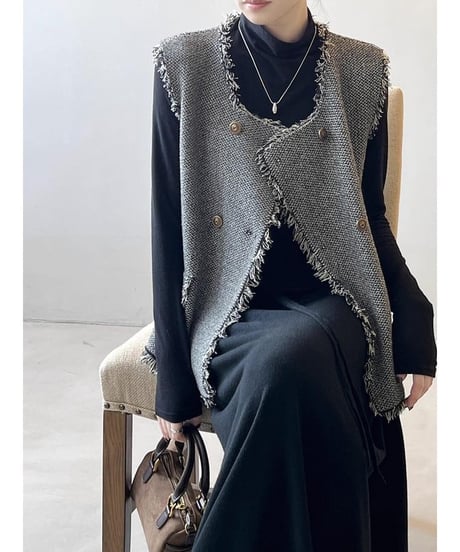 double button fringe vest /2color　FL2588