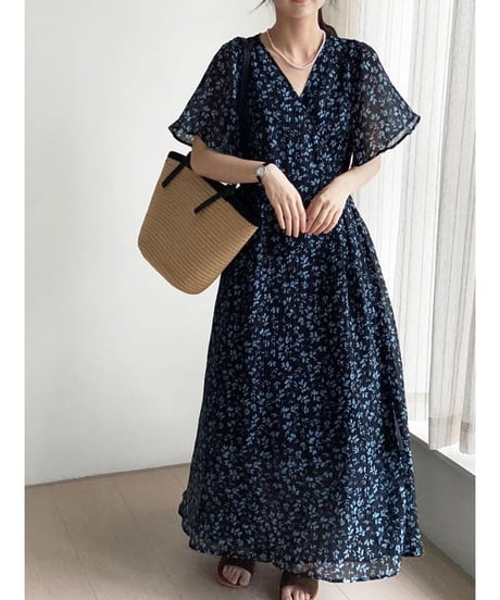 v-neck flare sleeves floral op /2color  FL3457