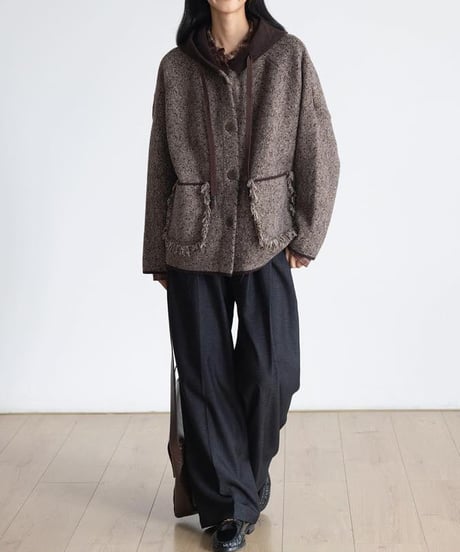 fringe pocket hooded tweed jacket　FL2979