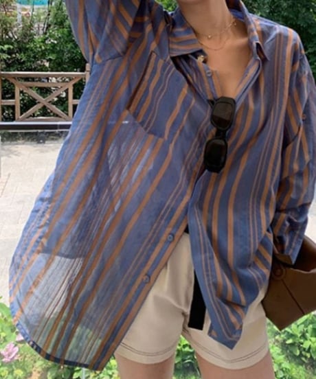 contrast cuffs striped shirt /2color　FL2604