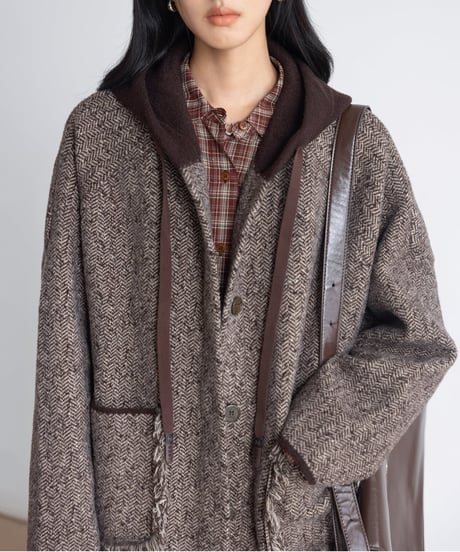 fringe pocket hooded tweed jacket　FL2979
