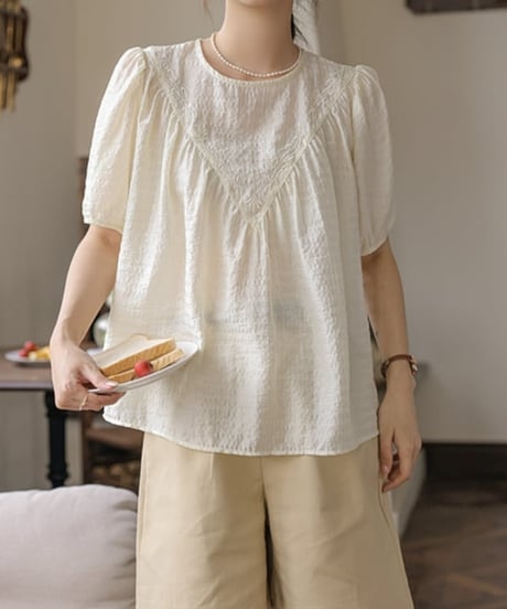 french embroidery puff sleeve tops　FL2189