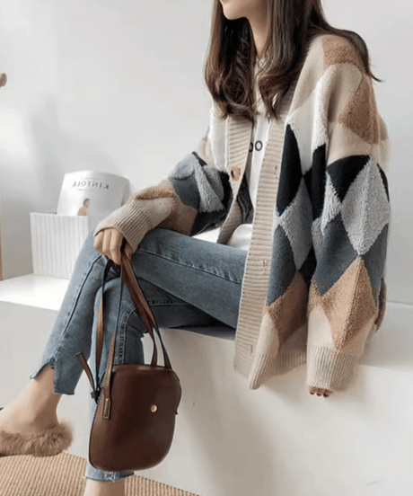 argyle knit oversized cardigan　FL3587