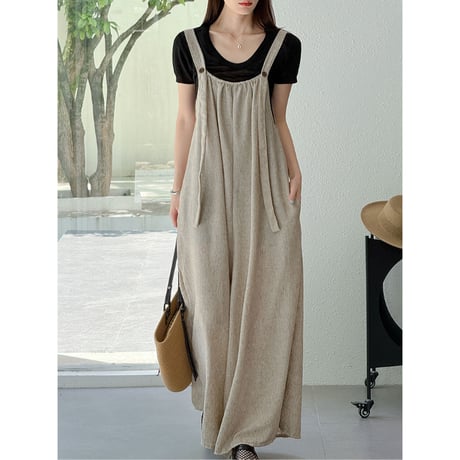 linen touch gathered suspender one-piece　un2059