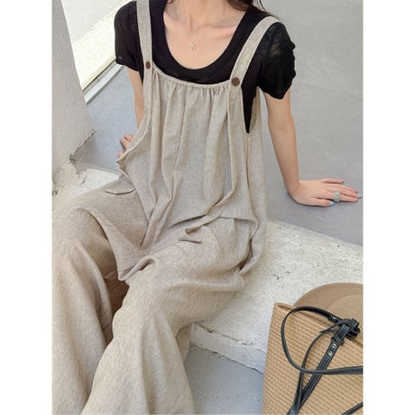 linen touch gathered suspender one-piece　un2059