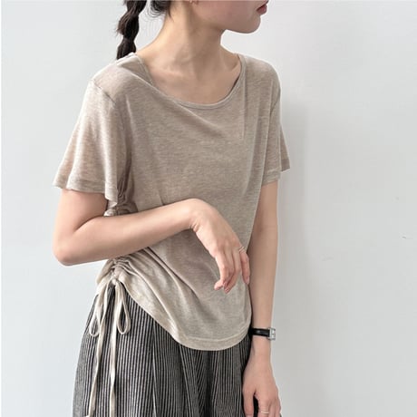 side shirring linen touch tee　/3color　un2088