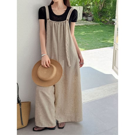 linen touch gathered suspender one-piece　un2059