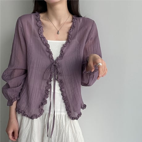 ruffle trim sheer cardigan　/2color　un2001