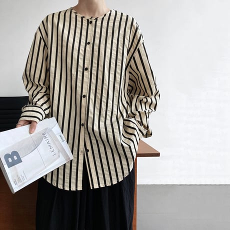 no-collar striped shirt /2color　un1082