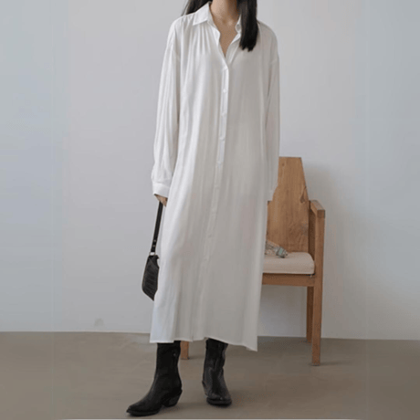 front button long shirt one piece dress　un1342