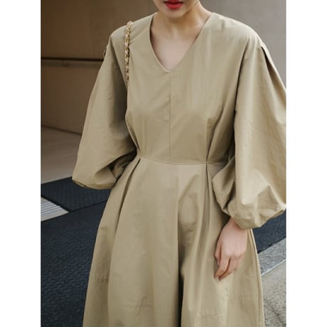 puff sleave basic flare one piece /4color　un1408