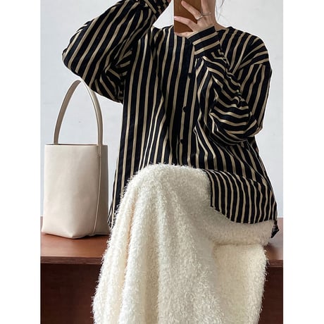 no-collar striped shirt /2color　un1082