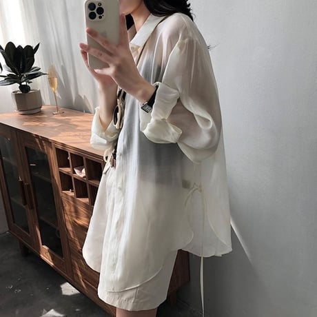 side ribbon sheer shirt /5color　un1039