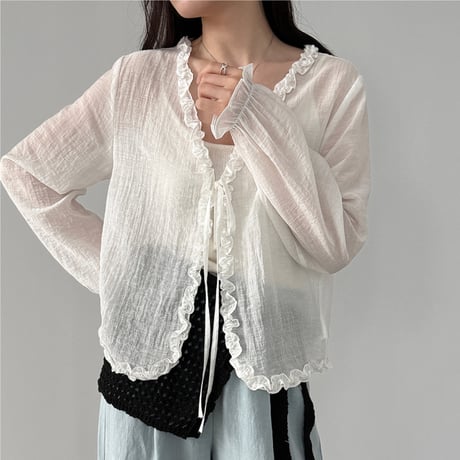 ruffle trim sheer cardigan　/2color　un2001