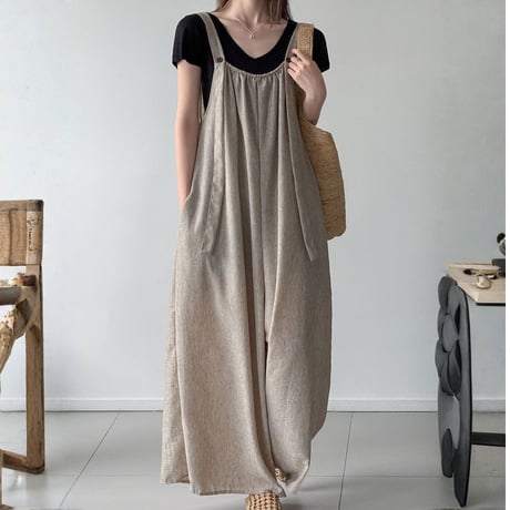 linen touch gathered suspender one-piece　un2059