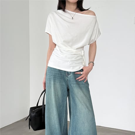 one shoulder drape belt top　/3color　un2003