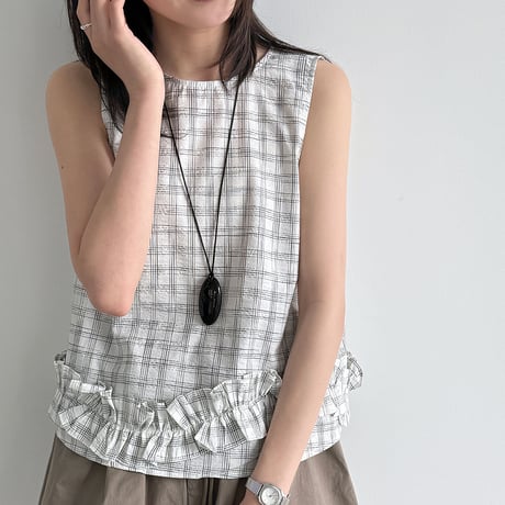 check frill sleeveless top　/2color　un2014