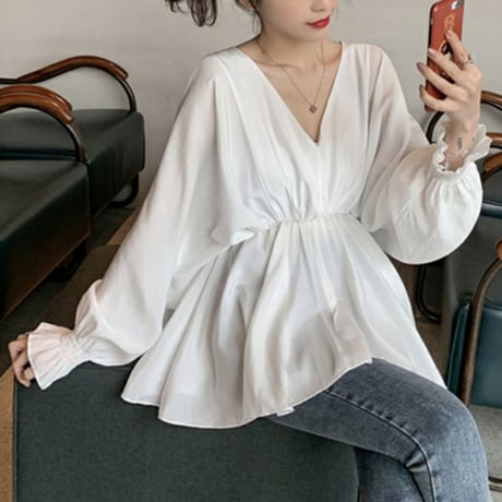 V neck gathered blouse　/3color　un1756