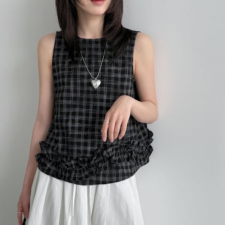 check frill sleeveless top　/2color　un2014