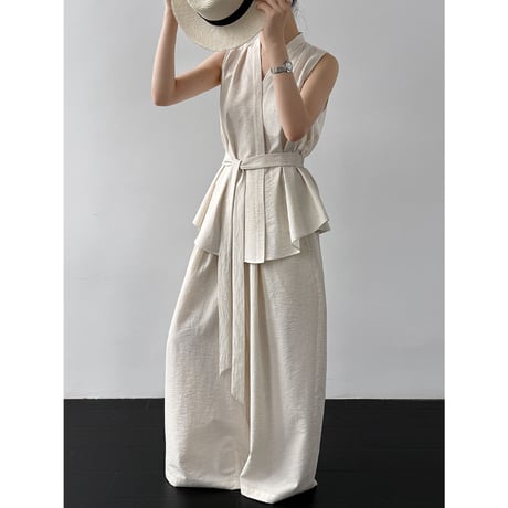 waist tie peplum sleeveless set up　/2color　un2032