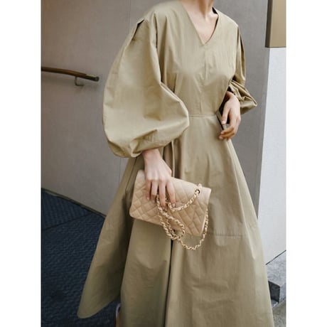 puff sleave basic flare one piece /4color　un1408