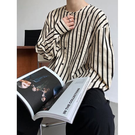 no-collar striped shirt /2color　un1082