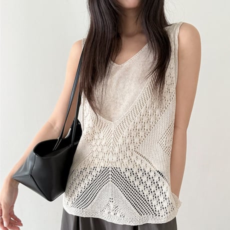 crochet knit layered vest　/2color　un1901
