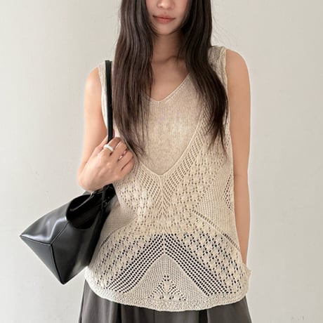 crochet knit layered vest　/2color　un1901