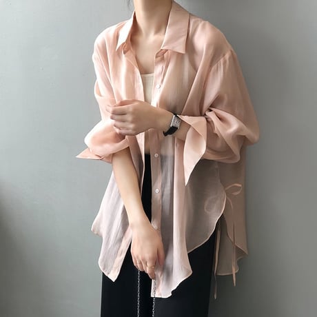side ribbon sheer shirt /5color　un1039