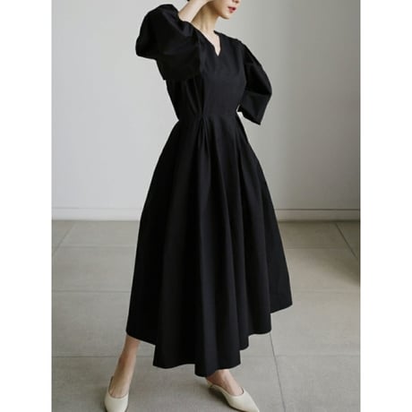 puff sleave basic flare one piece /4color　un1408