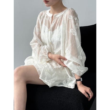 embroidery sheer blouse & shorts set　un2031