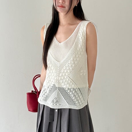crochet knit layered vest　/2color　un1901