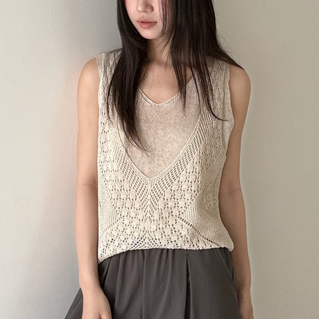 crochet knit layered vest　/2color　un1901