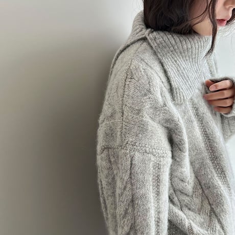 slit collar cable knit pullover /2color　NK2061