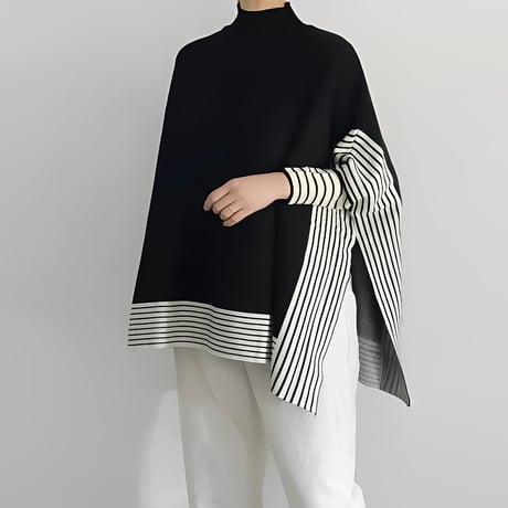 asymmetric border knit poncho　NK2163