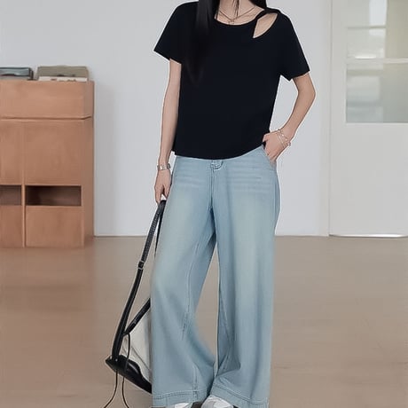 asymmetric neck short sleeve tee /4color　NK2314