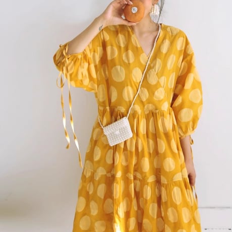 yellow polka dot midi dress　NK1780