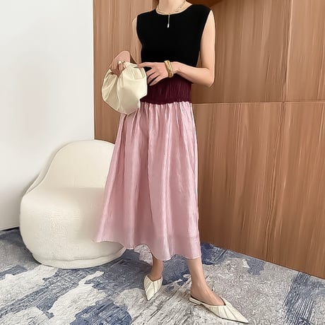 sleeveless colorblock gathering dress /2color　NK2326