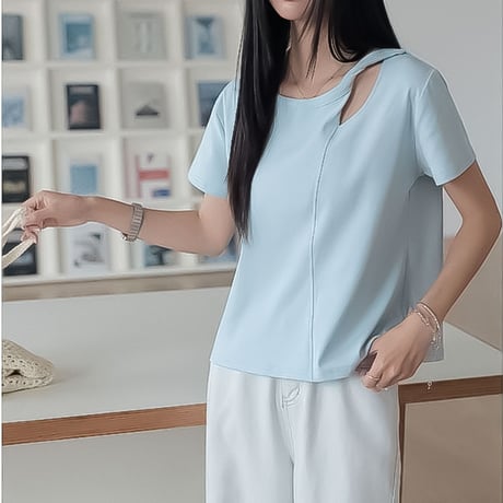 asymmetric neck short sleeve tee /4color　NK2314