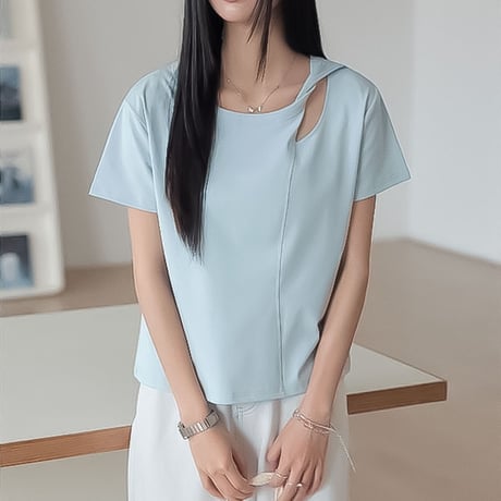 asymmetric neck short sleeve tee /4color　NK2314